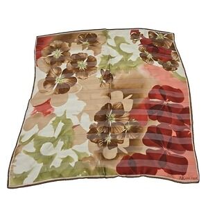Vtg Square Scarf Handkerchief Anne Klein Green Brown Burgundy Floral Flowers